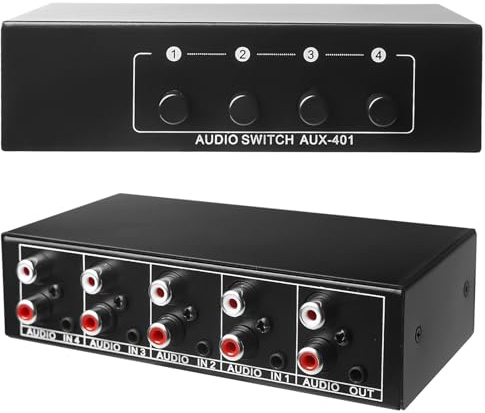 AUX Audio Switcher: 4 In 1 Out Audio Video Splitter, Stereo Audio Selector, Bidirektionaler Audio-Umschalter 3,5 Mm Aux + RCA L/R, Audio Switcher für Kopfhörer Telefon Soundsystem