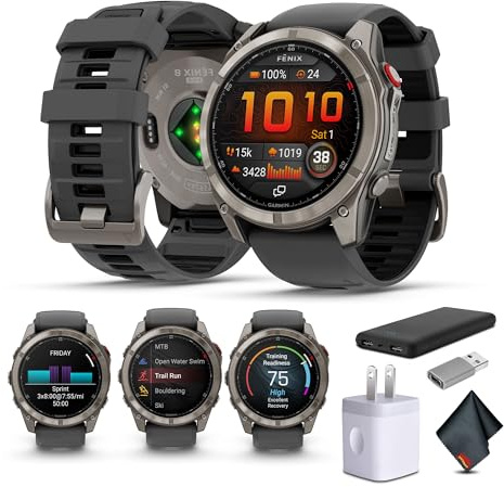 Garmin Fenix 8 Pro 51mm, AMOLED Display, inReach Technology, Premium Connected Multisport GPS Smartwatch, Sapphire, Titanium with Graphite/Black Silicone Band, Fitness Tracker Smart Watch Bundle