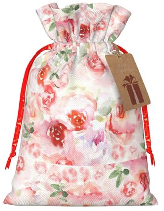 Mélange de roses pâles de couleur douce avec impression de roses - Pochette légère avec cordon de serrage avec étiquette kraft pour Noël Halloween