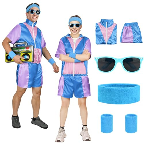 Aomig 80/90er Kostüm Erwachsene Retro Trainingsanzug 6PC Disco | Outfit mit Armband Kopftuch Sonnenbrille Kurzarmshirt Shorts Faschingskostüme 80er Party Bad Taste Mottoparty Karneval