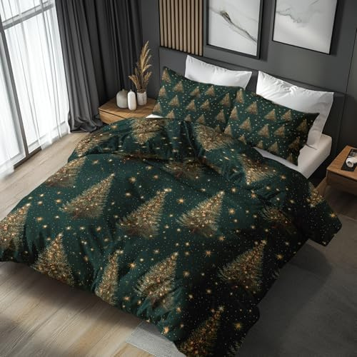 Generisch Bettwäsche 135x200 Weihnachtsbaum Wende Motiv 2tlg, Schlafzimmer Deko, Frohe Xmas Baum Feiertag Bettbezug und 1 Kissenbezug 80x80, Weiche Mikrofaser Deckenbezug mit Reißverschluss -i776