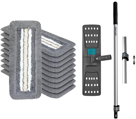 OKAEI Wischmop-Komplettset 50 cm – 10er Spar-Set: 10× Bezug Grau-Weiß-Beige + Klapphalter & Alu-Teleskopstiel – Für Feucht- & Nassreinigung – Profi-Bodenwischer Set