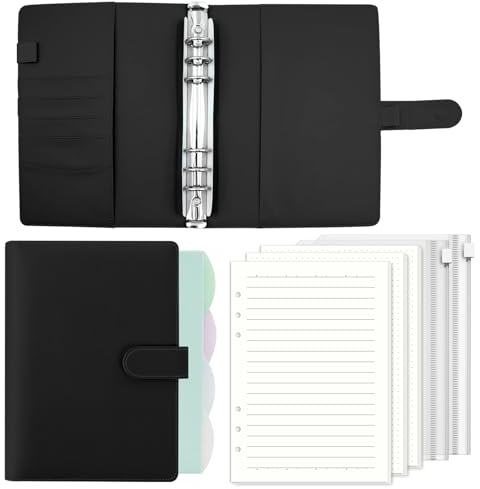 ROEOWENE A5 Ringbuch Nachfüllbar mit 135 Nachfüllpapier 6 Ringe Binder | Leder Notizbuch 2 Bindertaschen Notebook Tagebuch Für Planer Budgetblätter Bindekarte Für Arbeit,schule,reise-schwarz