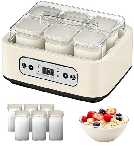 Yogurtiera, Macchina per Yogurt da 1,6L con 6 Vasetti da 250 ml Yogurtiera con Impostazione del Timer da 1 a 99 ore Controllo Della Temperatura da 21 a 48°C e LCD Display per Yogurt Natto Vino di Riso