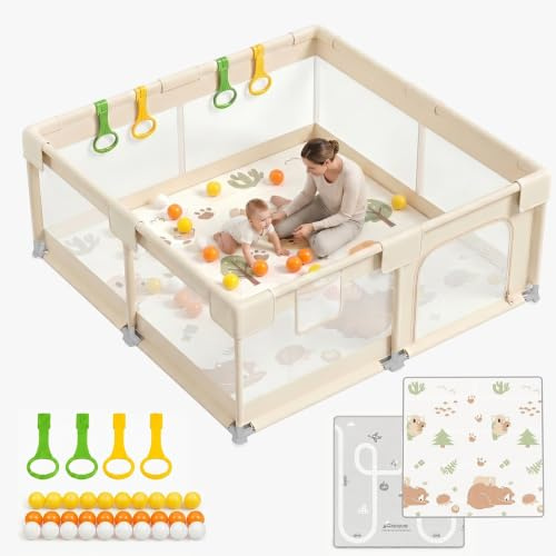 KUQAZ Beige Laufstall Baby mit Matratze - 150×150cm Laufgitter Baby | mit Atmungsaktivem Netz und Rutschfeste Saugnäpfe, Laufstall xxl mit und 4 Zugringen