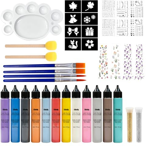 32 Stück Wachsstifte für Kerzen Set, Kerzenstifte 10 ml, mit vorgestanzten Aufklebern und Schwammwerkzeugen, Kerzen Bemalen Set Stifte für Dekorieren und Gestalten von Stoff, Holz, Keramik