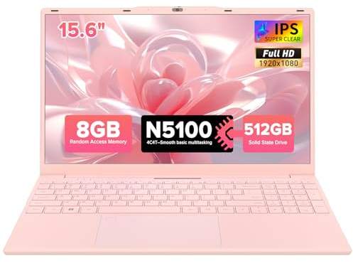 Auusda 15.6 Inch Pink Laptop, N5100 Quad-Core Quad-Thread Processor, Fingerprint Login, Backlit Keyboard, Full HD IPS Display, 6000mAh, USB 3.0, Ideal for Students & Business (GB, 8, GB, 512)