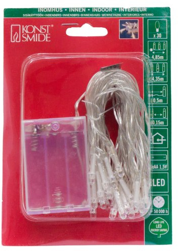 Konstsmide LED Lichterkette, mit an/aus Schalter, 6h Timer, 30 kalt weiße Dioden, batteriebetrieben, Innen, transparentes Kabel - 1469-203