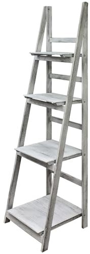 Kingpower Regal Leiterregal Holz Wandregal Bücherregal für Küche Wohnzimmer Badezimmer Modern 4 x Ablagen Deko Bilderrahmen Pflanzen in 4, Farbe:Antik-Weiß