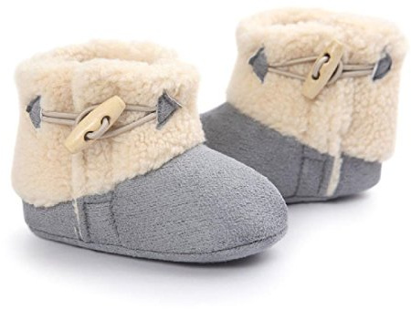 Miya Super Süß Baby Lammfell Stiefel, rutschfeste Lauflernschuhe, warm Winter Plüschschuhe, weich, warm und schön, 6~12 Monate，Grau/weinrot/beige