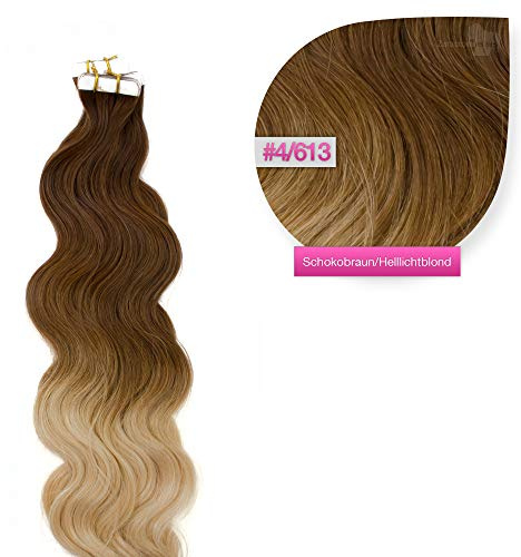 Tape in Extensions gewellt zum Einkleben 20 Strähnen 60cm wellig wave Haarverlängerung, Haarverdichtung Remy Human Hair Echthaarverlängerung Ombre Balayage 4613 Schokobaun Helllichtblond