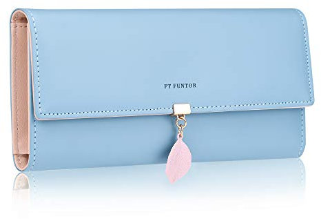 FT FUNTOR PU Leather Wallet for Women RFID Blocking Ladies Leaf Pendant Coin Zipper Long Purse with Multiple Card Slots and Card Holders Phone Pocket (Blue)