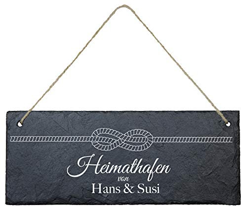 Geschenke 24 Schiefertafel zum Aufhängen Heimathafen (Knotentau, schwarz/weiß) - Personalisierte Schieferplatte mit Namen und Spruch - Eingangstür Haustür - Deko Maritim, Wanddeko