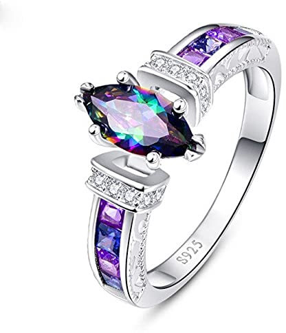 DJMJHG Silber 925 Ring für Frauen mit ovalem Regenbogenfeuer Mystic Topaz Edelstein Silber Schmuck Party Silber Fein Jewely 7