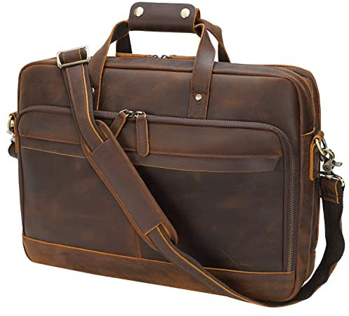 TIDING Leather Briefcase for Men 17 Inch Laptop Bag Large Business Satchel Vintage Full Grain Leather Mens Handbag Shoulder Bags Gifts for Men's Work, Office, Travel