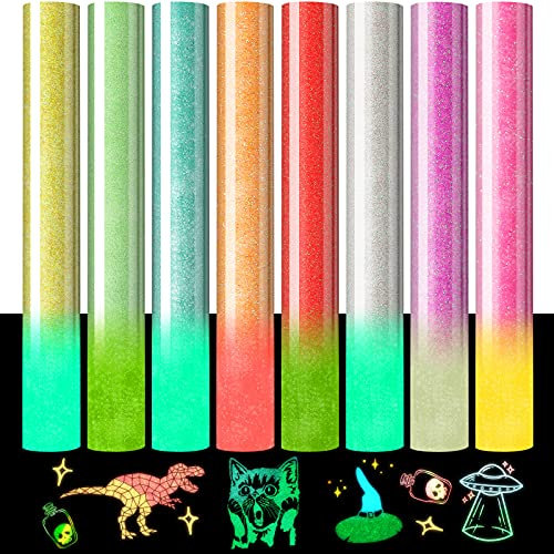 MJartoria Glow in Dark HTV Glitter Heat Transfer Vinyl Bundle 8 Sheets Luminous Glitter Vinyl,12''x10''PU Noctilucous Iron on Vinyl for T-Shirts Clothes Bag Hats DIY Craft