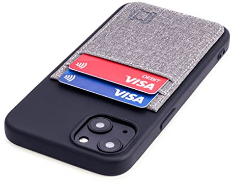 Dockem Wallet Case for iPhone 13 with Liquid Silicone Shell, Built-in Metal Plate for Magnetic Mounting & 2 Credit Card Holder Pockets: Luxe M2T, Canvas Style Synthetic Leather (6.1, Black and Grey)