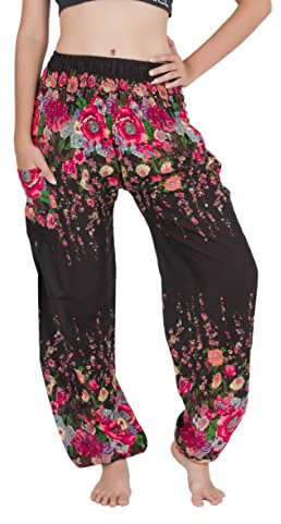 CHAINUPON Haremshose für Damen, Boho, locker, Yogahose, lässig, Bohemian, Hippie, Lounge, Elefant, Pyjamahose, schwarze blumen, 40