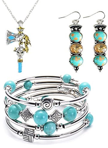 Soulnioi Silver Layered Jewellery Wrap Bracelet, Turquoise Bead Earrings in Gold Tone,Indian Axe Cross Pendant Necklace Turquoise Bracelet Set Jewelry Gift for Girls