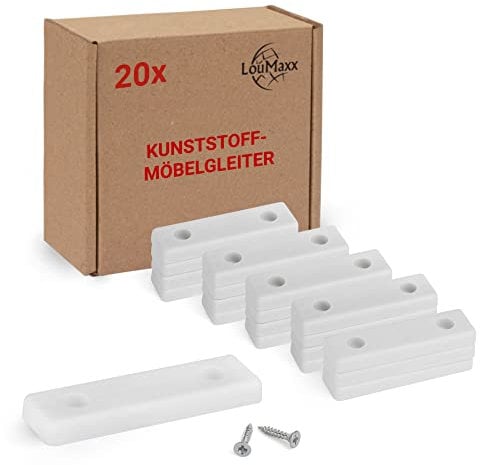 LouMaxx - Set di 20 piedini in plastica per mobili, dimensioni dei tacchetti 50 x 14 x 5 mm, tacchetti in plastica da avvitare in pratica confezione multipla, piedini mobili bianchi Viti di montaggio