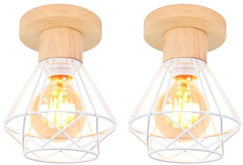 iDEGU 2 Stücke Deckenleuchten 16cm Industrielle Deckenlampe aus Holz und Metall Vintage Lampe mit Geometrischem Käfig Weiß Lampenschirm E27 Retro Deckenbeleuchtung für Flur Wohnzimmer (2x Lampen)