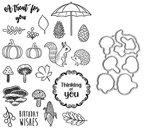 Qoiseys Pilze und Igel Stempel und Stanzschablonen Set,Clear Stempel und Stanzen Set Basteln Prägeschablone,Silikonstempel Metall Die Stanzen für DIY Scrapbooking Fotoalbum