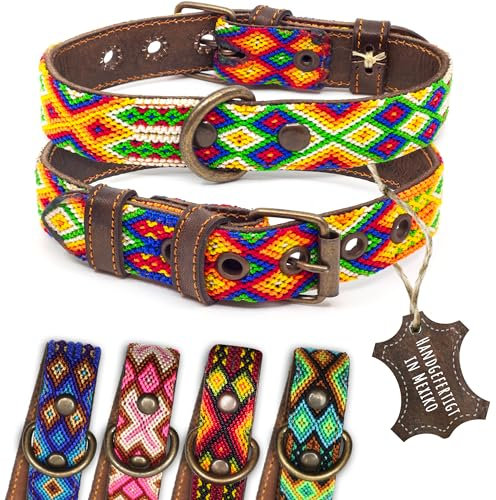 ALTEZAR Hundehalsband Leder - braunes Rindsleder Tribal Farbenrausch durchgehend Bestickt bunt - Handgemacht in Mexiko Lederhalsband Hund - Größe S - für kleine Hunde