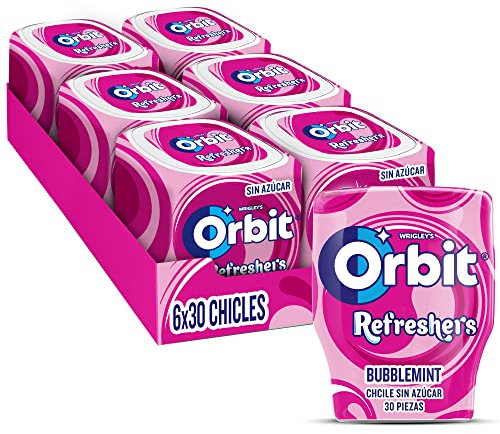 Orbit Refreshers, Bote de Chicles Sin Azúcar Sabor Bubblemint que proporciona frescura inmediata en formato gragea (6 x 30 chicles)