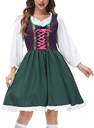 Halloween-Kostüm für Damen, 3-teilig, 1 Oberteil + 1 PCAPron Kleid, dunkelgrün, traditionelles violettes Kleid, Oktoberfest, Performance-Kleid, Dudelsack Mittelalter