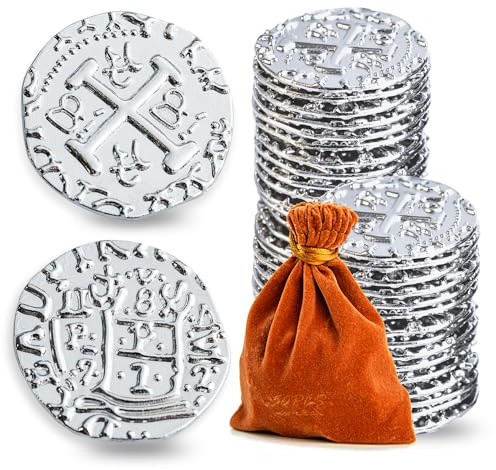 Metal Pirate Coins, Prefdo 50PCS Silver Treasure Coin Set Spanish Doubloon Replicas Fantasy Metal Coins Pirate Gold Coins Tokens for Board Games Pirate Party Cosplay, 1.18in