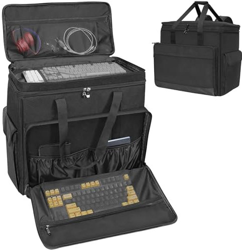 XIDIHF Double-Layer Desktop PC Tower Carrying Case, Travel Storage Bag for Computer Chassis, Keyboard, Mouse, Cables, and Accessories, Bag Only, Black