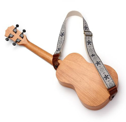 Ukulelengurt, Verstellbarer Ukulelen-Schultergurt aus Nylon und Leder, Bestickte Ukulelengurte mit Einem Lederriemenverschluss, Geeignet für Alle Ukulelengrößen (Stil 2)