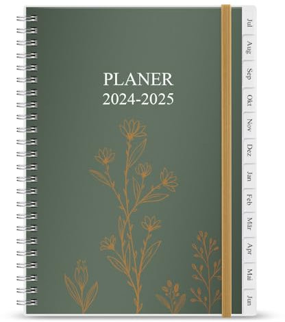 Terminplaner 2024-2025 - Juli 2024 bis Juni 2025, Kalender 2024-2025 bis 30 Minuten-Intervalle, A5 Wochenplaner mit Monatsregistern, einfache Organisation des täglichen Lebens, 14,8×21cm, Gold Flower