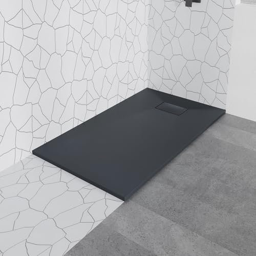 BADLAND Duschwanne 170x90x3,2 VIDAR Schwarz Verbundwerkstoff Duschtasse Quadratisch, Steinoptik, mit Ablaufgarnitur Ø 90 mm…