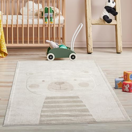 Kinderteppich Creme, Beige - 160x230 cm - Tier-Motiv Teddy-Bär - Kurzflor Teppiche Kinderzimmer, Spielzimmer