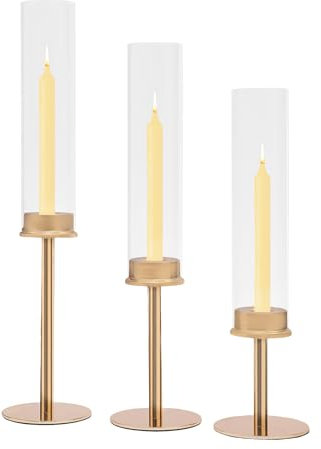 wanwanper Lot de 3 bougeoirs en verre pour décoration - Résistants au vent - Pour table basse, table à manger, salon, mariage, fête, doré, JJOUS4-000200+300-WLK