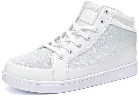 IGxx Glitzernde weiße Schuhe für Herren, modisch, hohe Oberseite, lässige Pailletten, funkelnde Sneaker, Herren, glitzernd, glänzend, Glitter Weiß, 43 EU