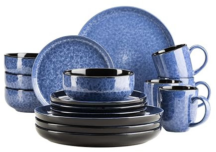 MÄSER 934109 Serie Filippa, Keramik Geschirrservice für 4 Personen, modernes 16-teiliges Kombi-Geschirr Set; Teller, Schüsseln und Becher mit Reaktivglasur in blau und schwarz, Steinzeug, blau