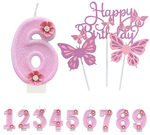 Bolosa Kerze 6 Geburtstag Mädchen, Schmetterling Tortendekoration, Kerze 6 Geburtstag Mädchen, Rosa Kuchenzahl kerze, Tortendeko Geburtstag 6, Geburtstagskerzen 6(Nummer 6)