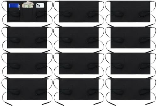 BOHARERS Schürze für Kellnerinnen, Baumwolle, mit 3 Taschen, für Herren und Damen, Restaurant, Taille, wasserdicht, Küche, Z 12er-Pack, Schwarz, 12 pack