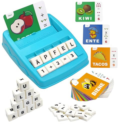 Deutsches Buchstaben Lernen Spiele, Montessori Spielzeug 3 4 5 6 Jahre Rechtschreibspiel mit 64 Lernwissen Flash-Karten Lernspielzeug für Vorschulalter Sprachenlernen Geschenk Einschulung [Blau-weiß]