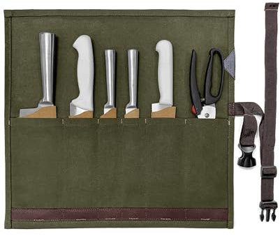 Under NY Sky Knife Roll Case - 6 Slots - Heavy Duty Waxed Canvas Pouch - Leather Reinforced - Portable Bag for Cooking Tools, Utensils, Cutlery Knives, Brushes - Chefs, Kitchen, Travel, Gift - Green
