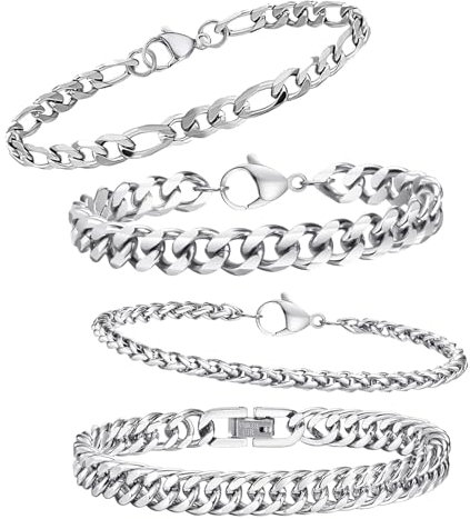 KERANEET 4 Stück Armband Herren Silber Edelstahl Armband Herren Männer Armbands Silber Arm-band Herren Edelstahl Armbänder für Herrens Geschenke für Papa Sohn Bruder Ehemann