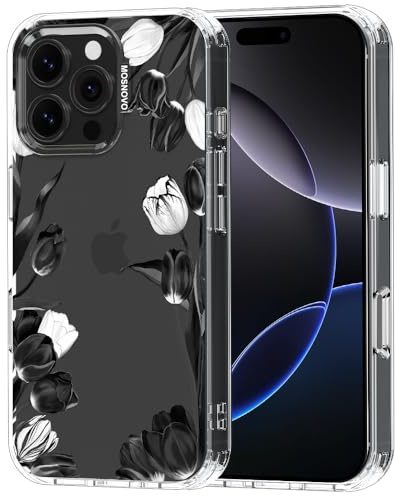 MOSNOVO Case for iPhone 16 Pro Max, [Buffertech 6.6ft Military-Grade Drop Protection] [Anti Peel Off Tech] Clear TPU Bumper Phone Case Cover Design - Black White Tulips