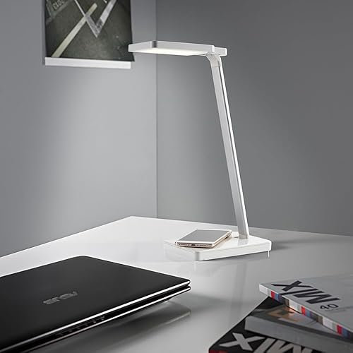 MeLiTec LED Schreibtischleuchte T123 mit Drahtloser Ladefunktion, Dimmbar, 3 Lichtfarben, USB-Anschluss & Verstellbarem Arm, Silber/Weiß