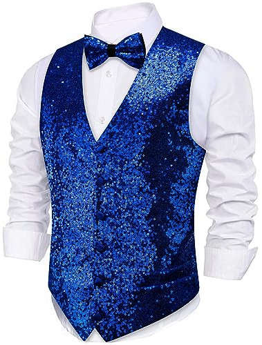Barry.Wang Mens Sequin Shiny Blue Waistcoat Bowtie Set Casual/Leisure V-neck Slim Fit Suit Vest for Festival Party Prom 2PCS