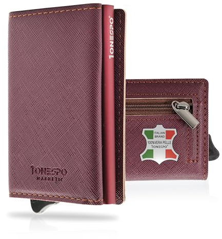 1ONESPO MAGNETIC Porta Carte di Credito Donna VERA PELLE - Portafoglio donna piccolo con Portamonete e Contanti -Porta tessere e documenti - Portacarte protezione RFID, SAFFIANO Bordeaux