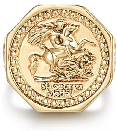 Gold Luxury Hexagon St George Dragon Slayer Sovereign Ring, Size (X), 20g, Gold Plated - Bling King London