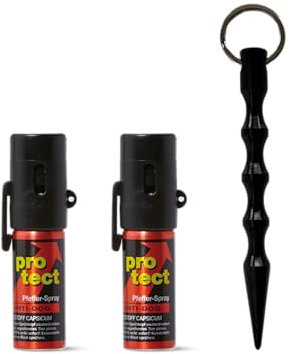 Bundle: 2 Stück Pfefferspray + Kubotan mit ergonomischem Griff - Abwehrspray Protect Anti-Dog Breitstrahl 15 ml EXTRA STARK mit seitlichem Clip