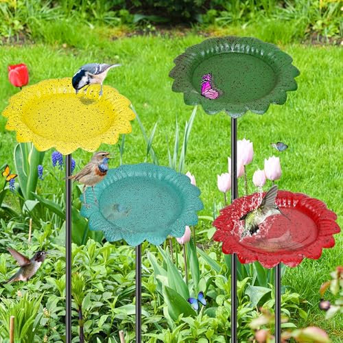 Bain d'oiseaux Abreuvoir Exterieur, Mangeoire Oiseaux Décoration pour Jardin, Bains pour Oiseaux Sauvages, métallique en Fonte (Rouge Jaune Bleu Vert)